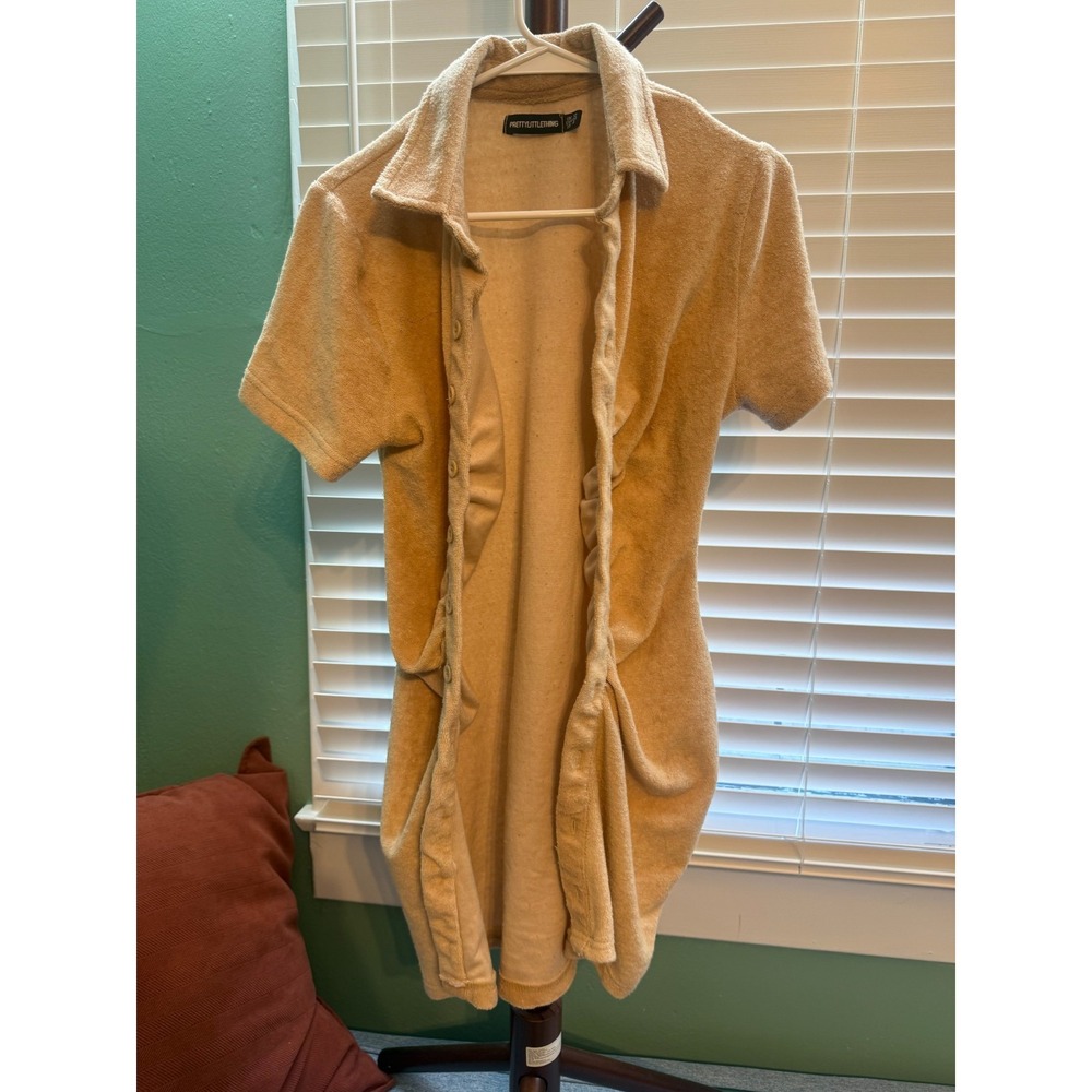 Pretty Little Thing Tan Terry Cloth Ruched Mini Dress Button Front Beachy Size 8